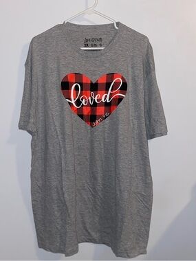 Gray Tee with Red & Black Plaid Heart "Loved" Graphic